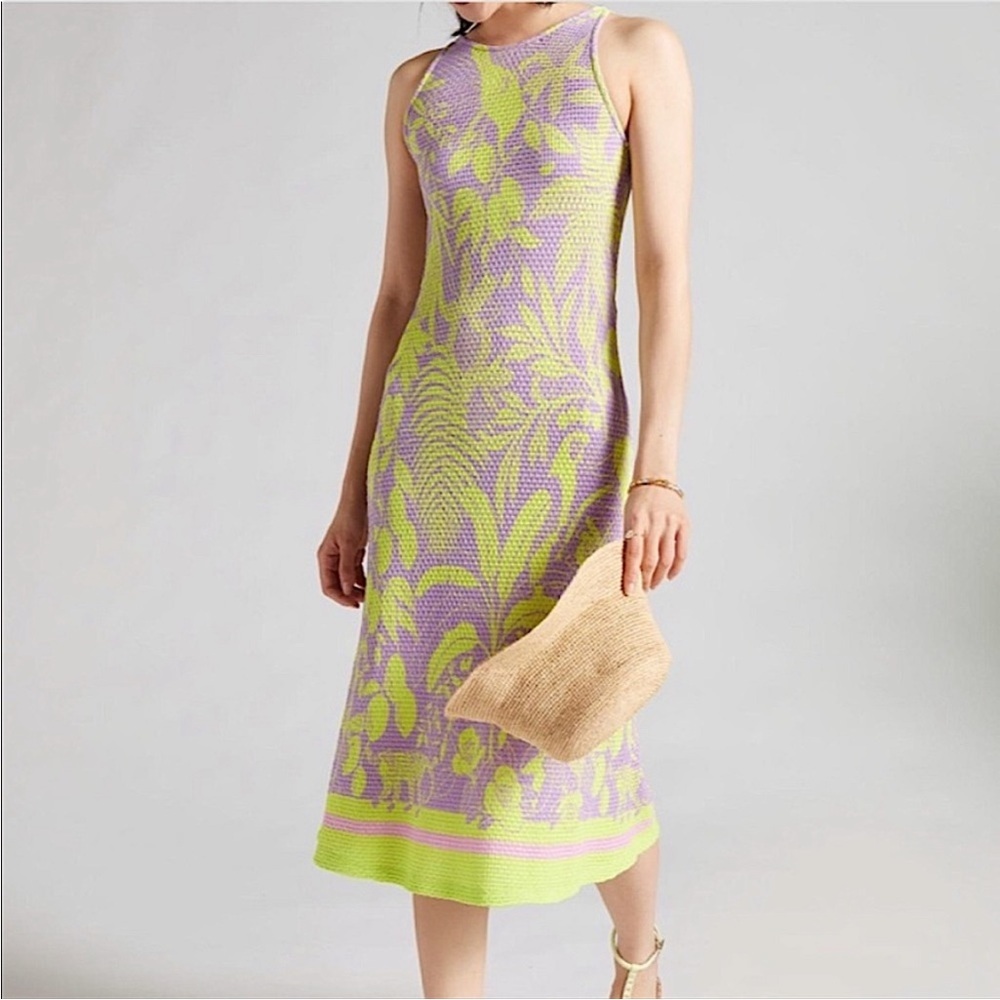 FARM Rio for Anthropologie tropical knit midi bodycon neon dress S